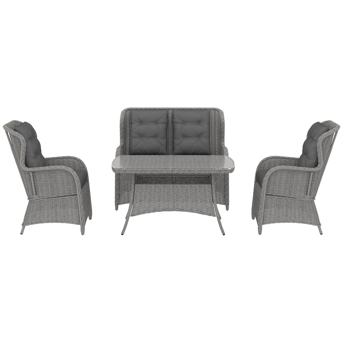 Outsunny Garden PE Rattan Dining Sofa Set, Outdoor 4 Seater Wicker Furniture, High Back Chairs with Cushions, Hartowane szkło stolik kawowy na patio, jasnoszary