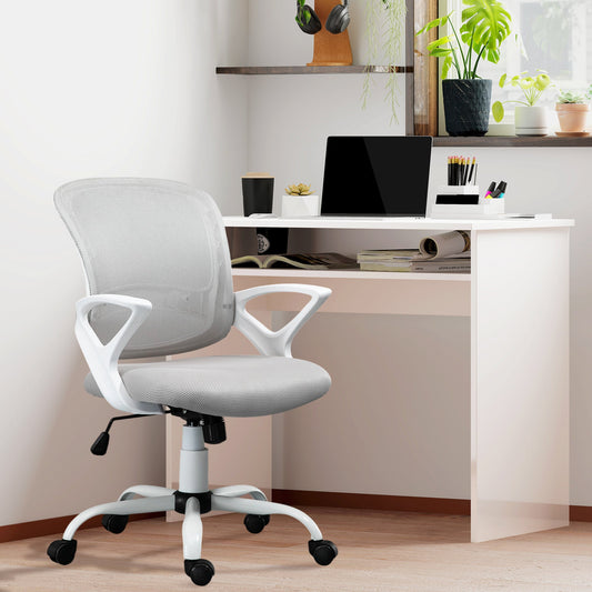 Vinsetto Home Office Chair and Computer Desk Set, Mesh Chair with Swivel Wheels, Study Desk with Storage Shelf, High Gloss White and Grey