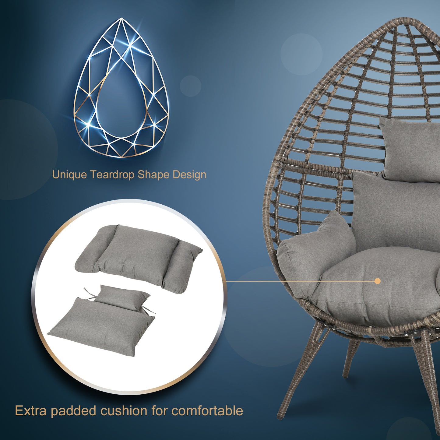 Fotel Outsunny Teardop PE Wicker Rattan z grubymi poduszkami, 4 nogi, siedzisko ogrodowe Egg Garden