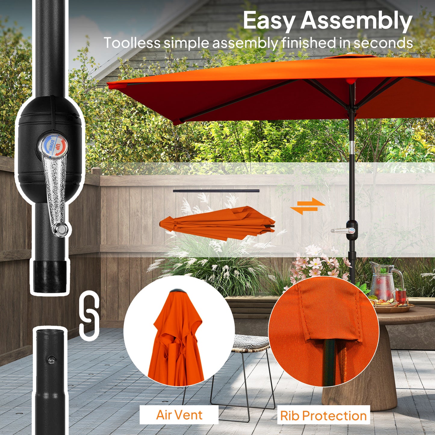 Outsunny 3x2m Patio Parasol ogrodowy Baldachim z aluminiową korbą odchylaną Prostokątny osłona przeciwsłoneczna Stal, pomarańczowy