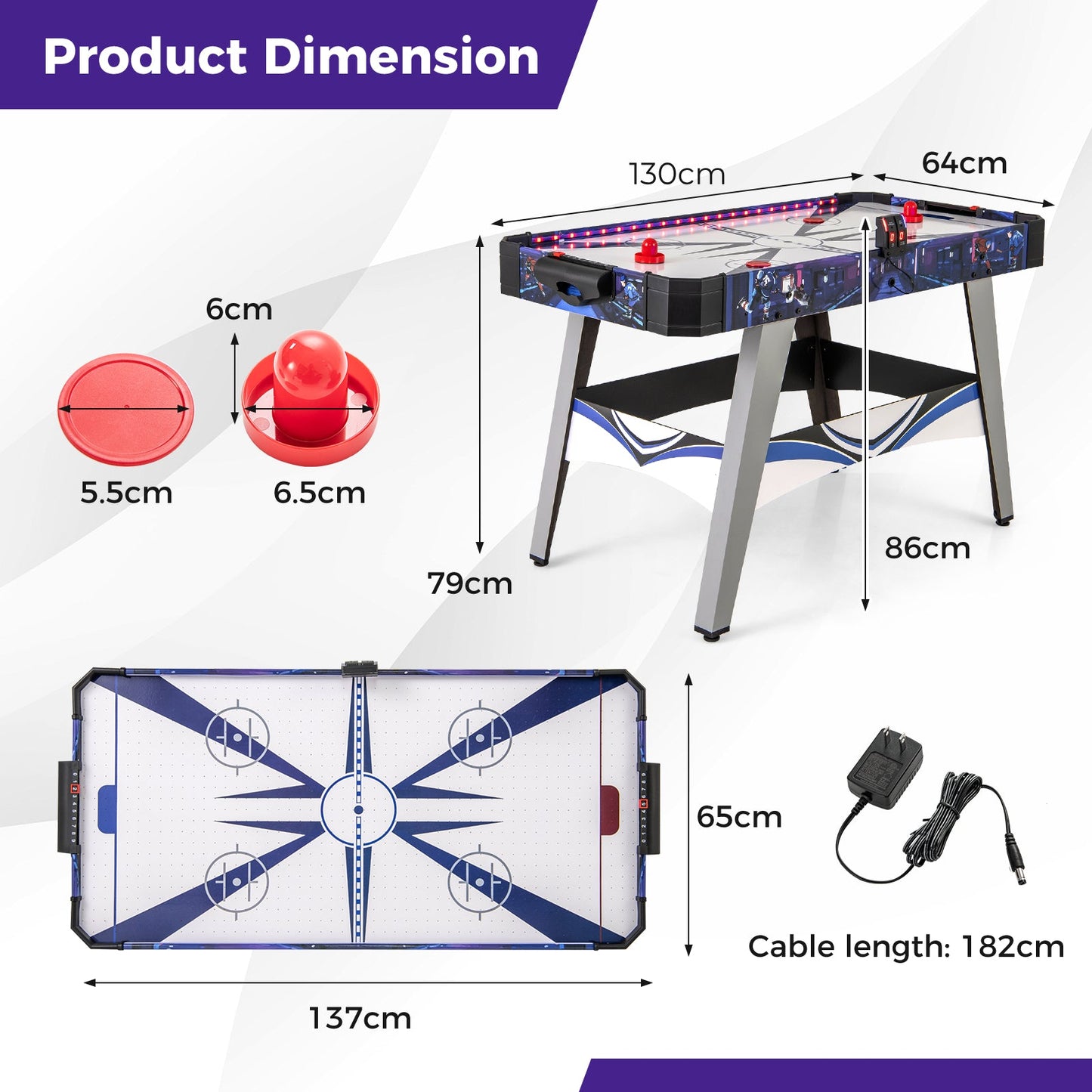 Air Hockey Game Table with 2 Pushers and Pucks-White