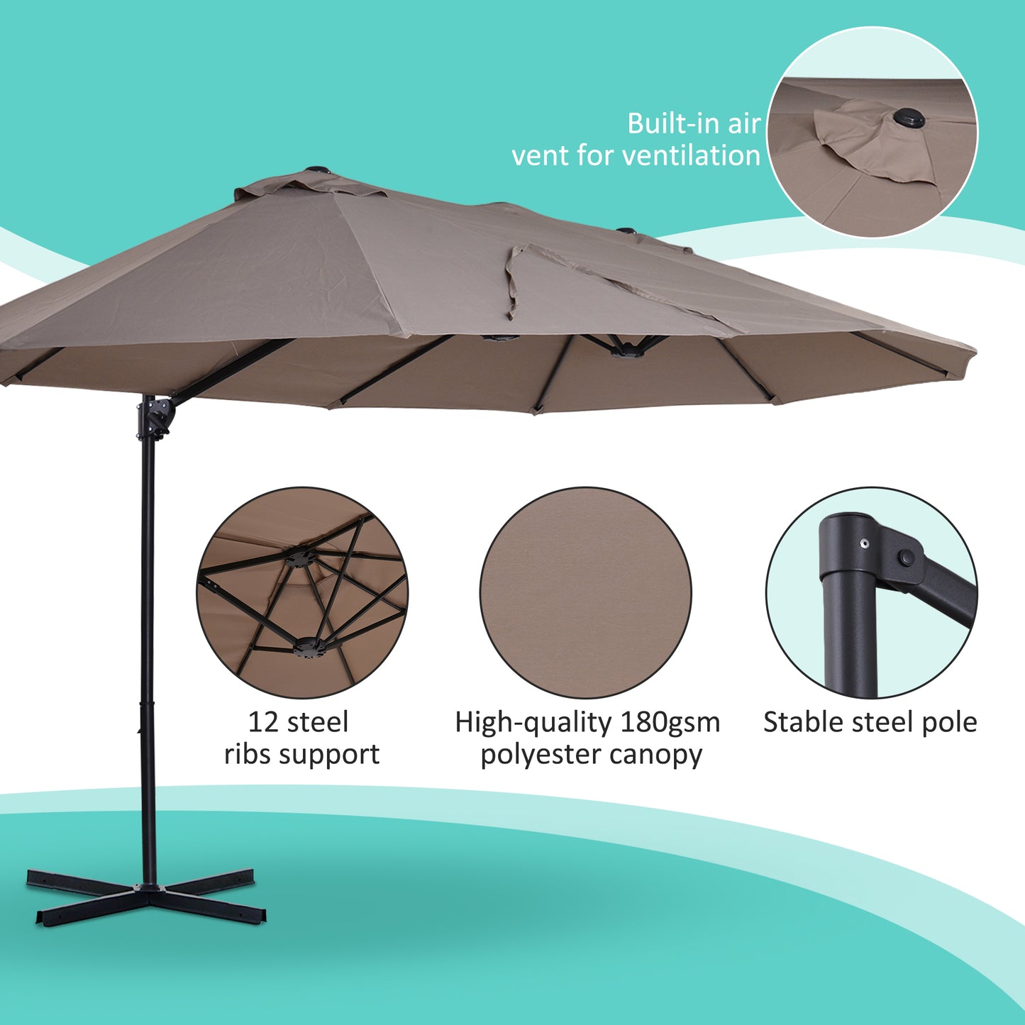 Parasol ogrodowy Outsunny z podwójnym baldachimem i 12 żebrami podporowymi, korbką, łatwy w podnoszeniu, z podwójnym baldachimem, brązowy