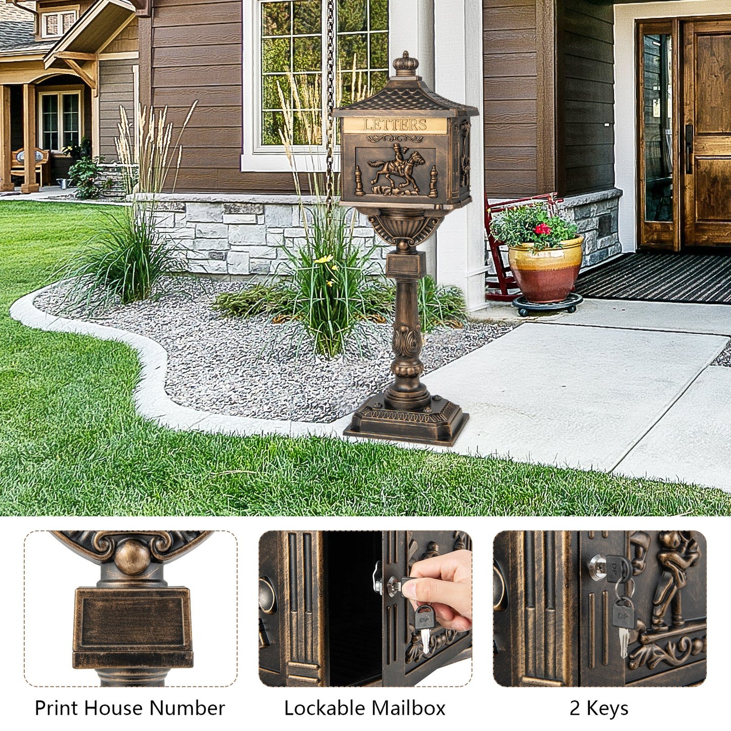 Heavy-Duty Cast Aluminium Mailbox with Baffle Door, Expansion Bolts-Bronze