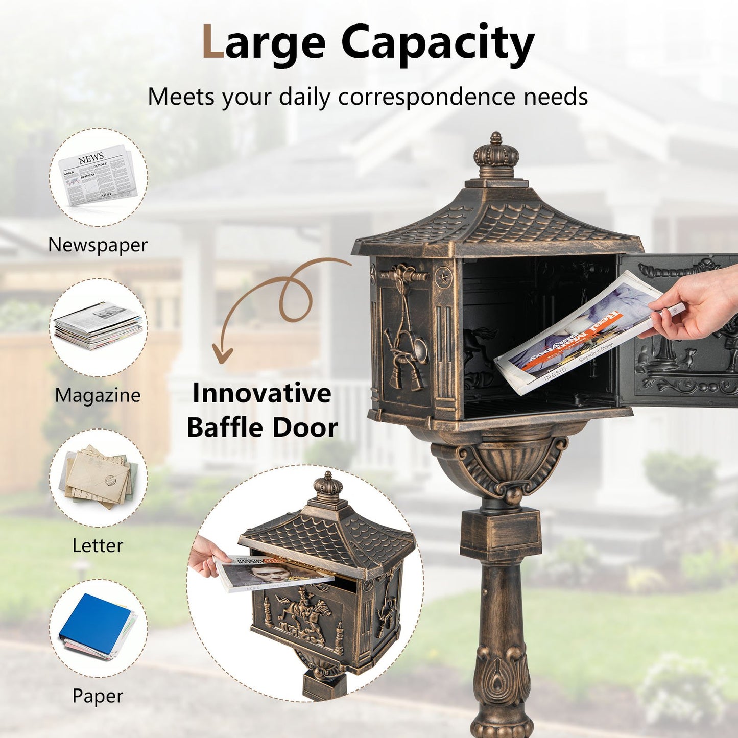Heavy-Duty Cast Aluminium Mailbox with Baffle Door, Expansion Bolts-Bronze