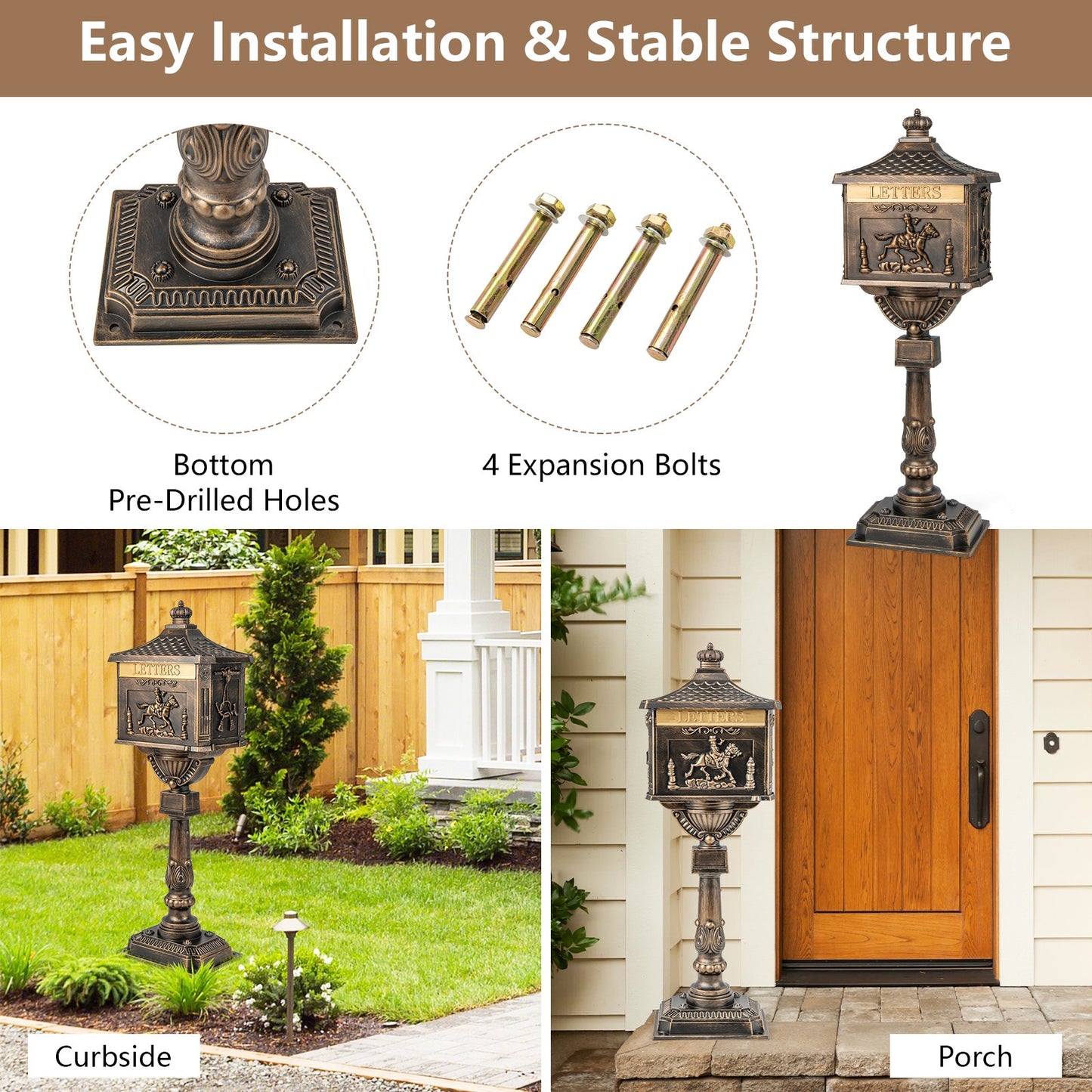 Heavy-Duty Cast Aluminium Mailbox with Baffle Door, Expansion Bolts-Bronze