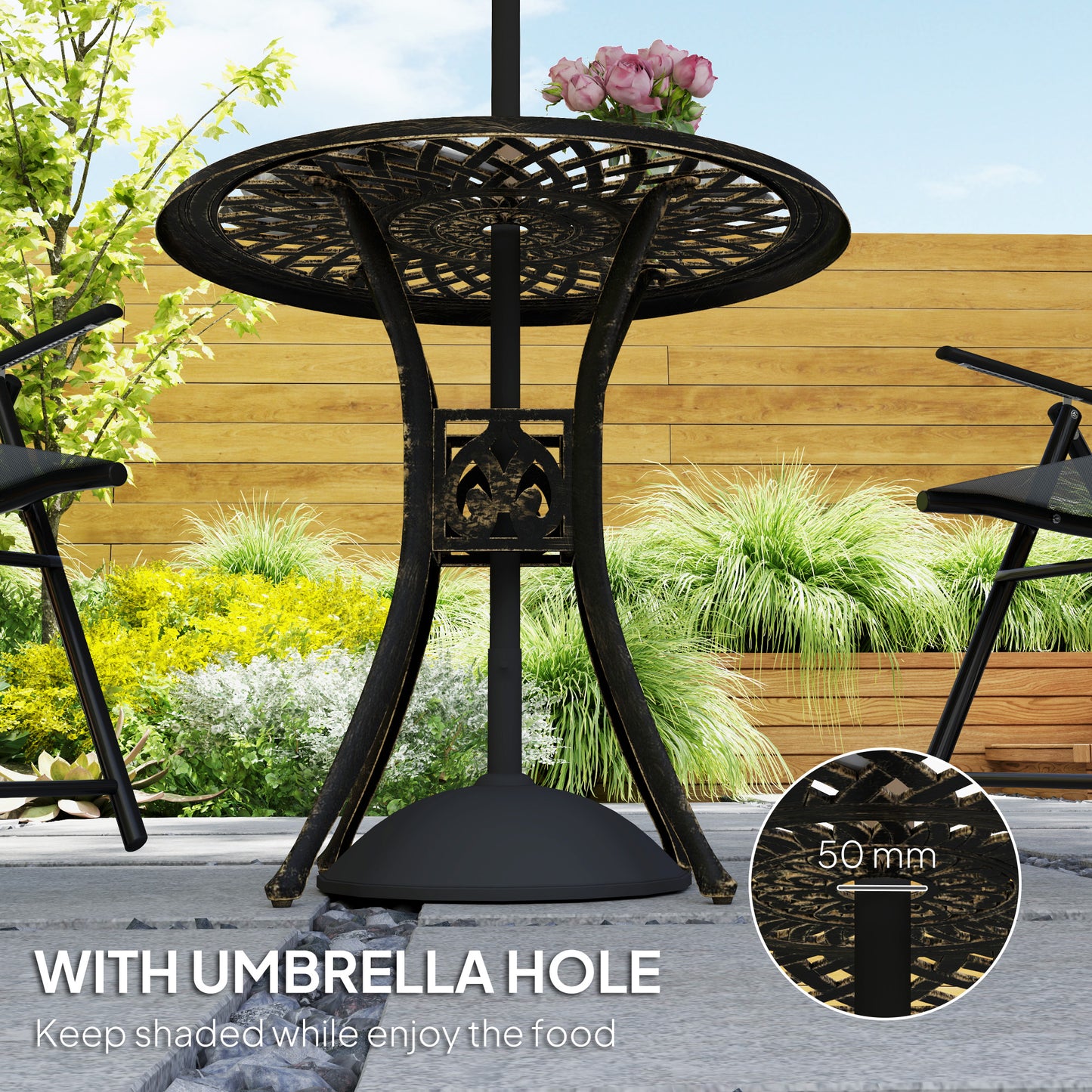 Outsunny 78 cm Okrągły Stół Ogrodowy Jadalny z Otworem na Parasol Antyczny Odlew Aluminiowy Tylko Stół Zewnętrzny, Odcień Brązu