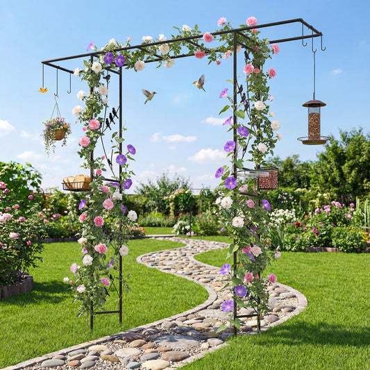 213cm Garden Arbor Feeding Station with Water Bowl and Mesh Tray-Black