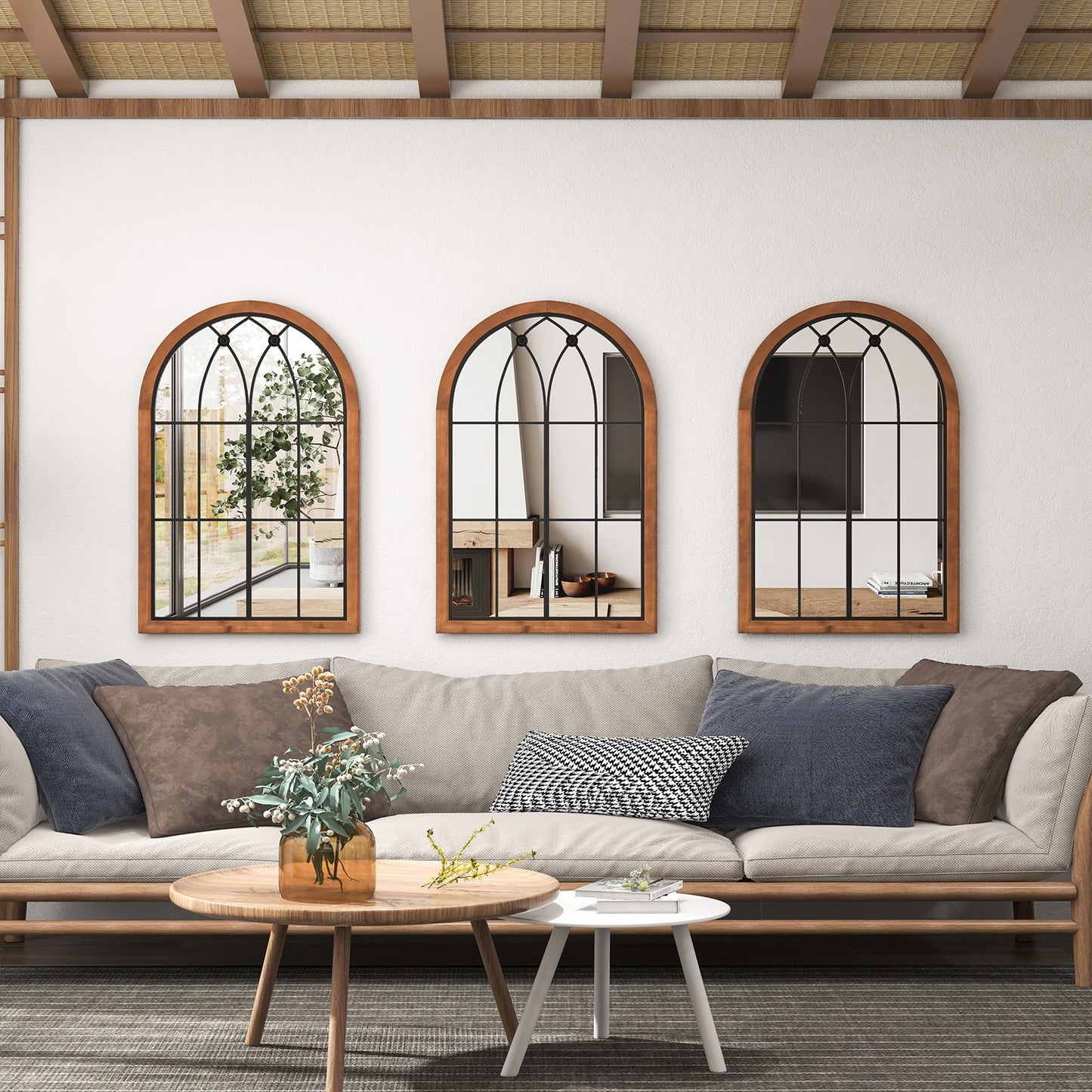 Arched Window Finished Wall Mounted Mirror with Back Board-Natural
