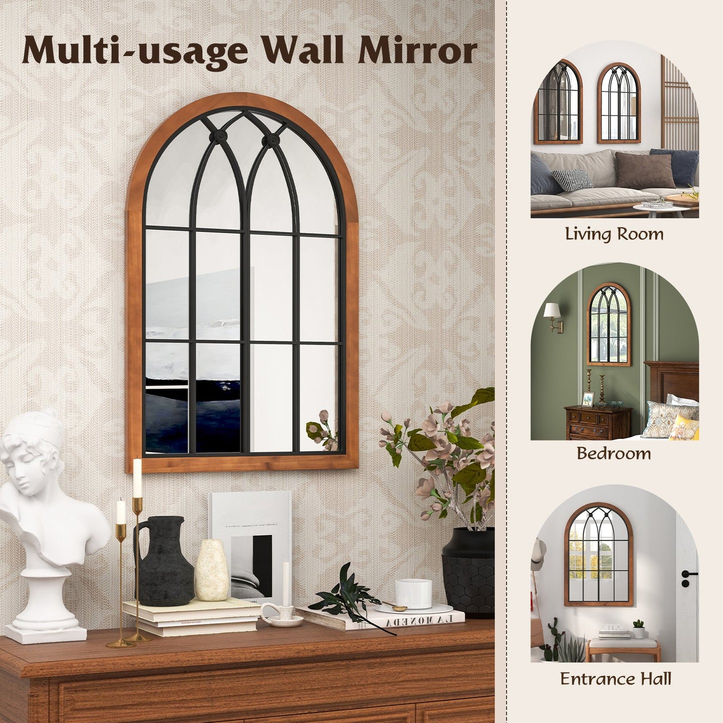 Arched Window Finished Wall Mounted Mirror with Back Board-Natural