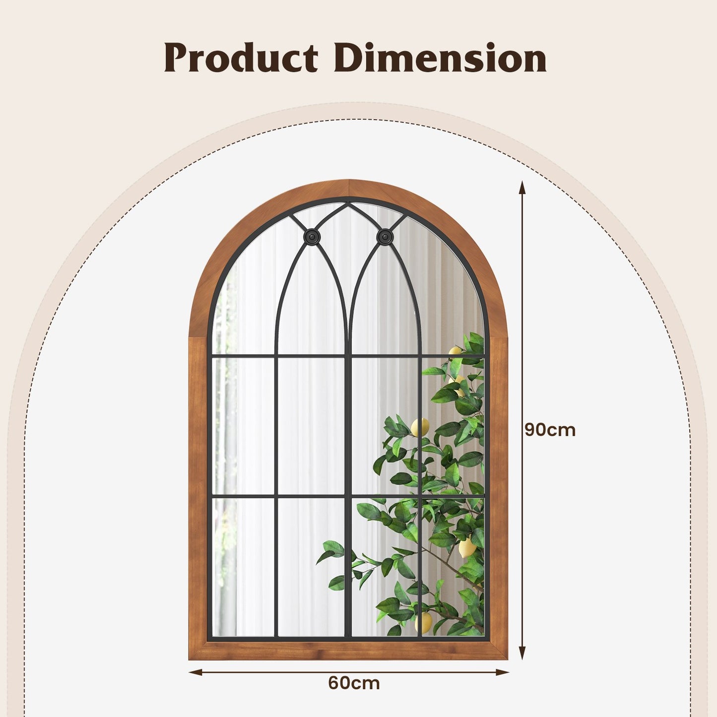 Arched Window Finished Wall Mounted Mirror with Back Board-Natural