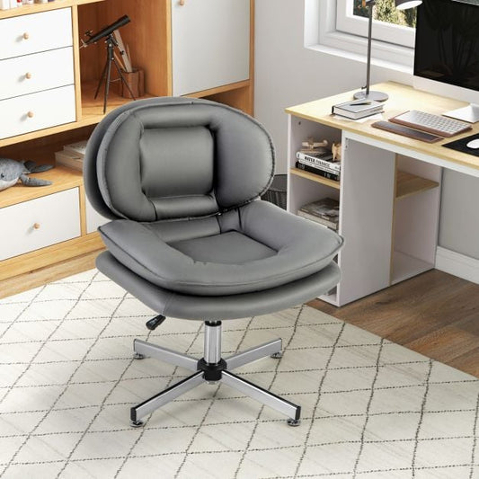 Armless Office Chair with Double Padded Back and Criss Cross Metal Base-Grey
