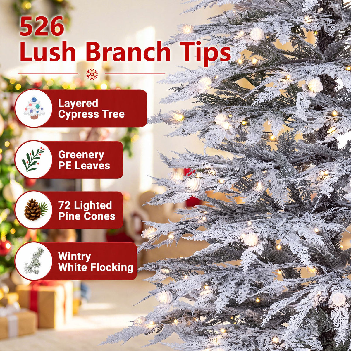 Artificial Flocked Christmas Tree with Branch Tips and Pine Cones-1.8 M