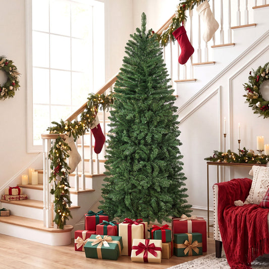 Artificial Pine Xmas Tree with Full Branch Tips LED Lights with 2 Colors Folding Metal Stand-1.8M