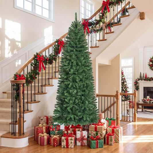 Artificial Pine Xmas Tree with Full Branch Tips LED Lights with 2 Colors Folding Metal Stand-2.1M