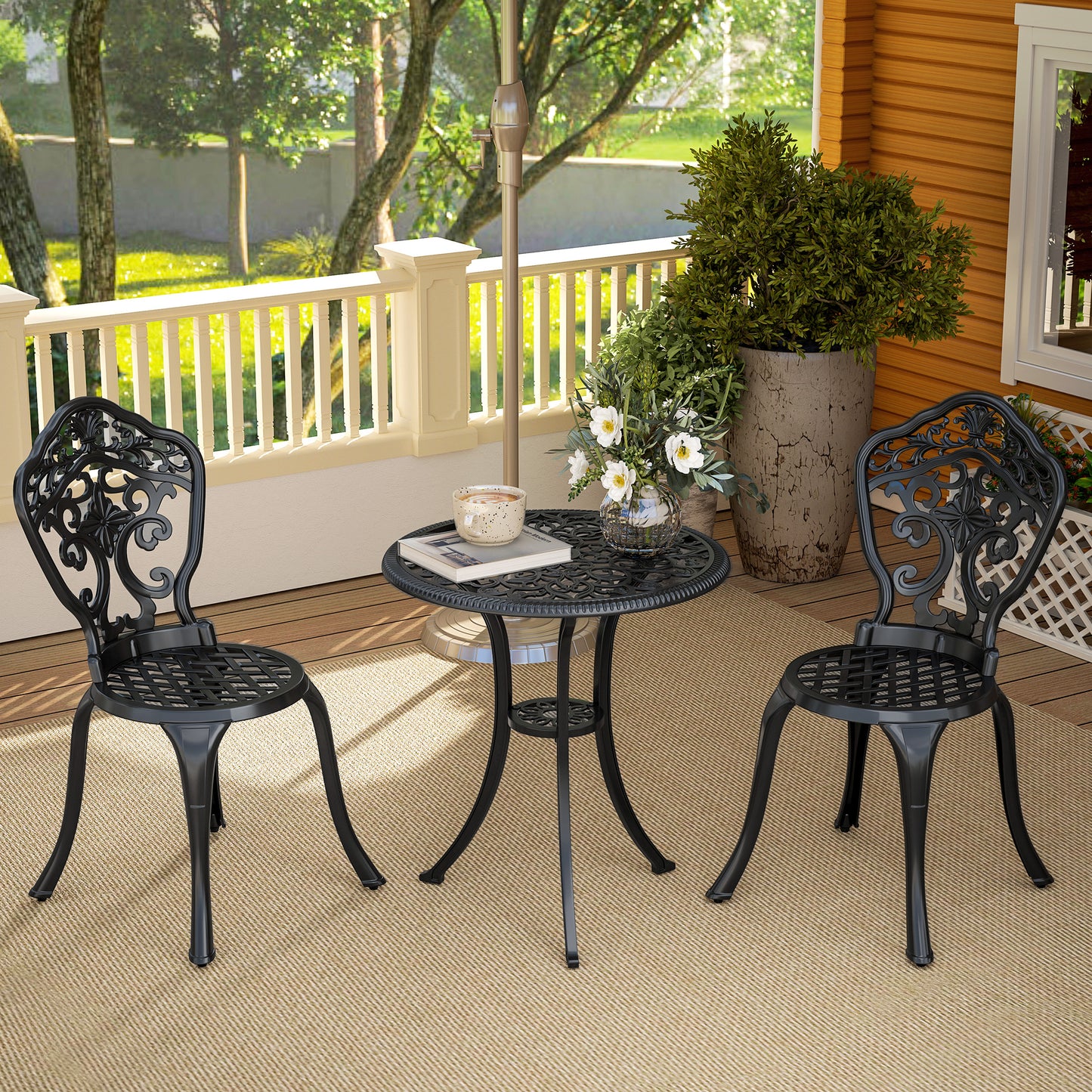 Zestaw bistro Outsunny z trzema elementami aluminiowymi w kwiaty – czarny