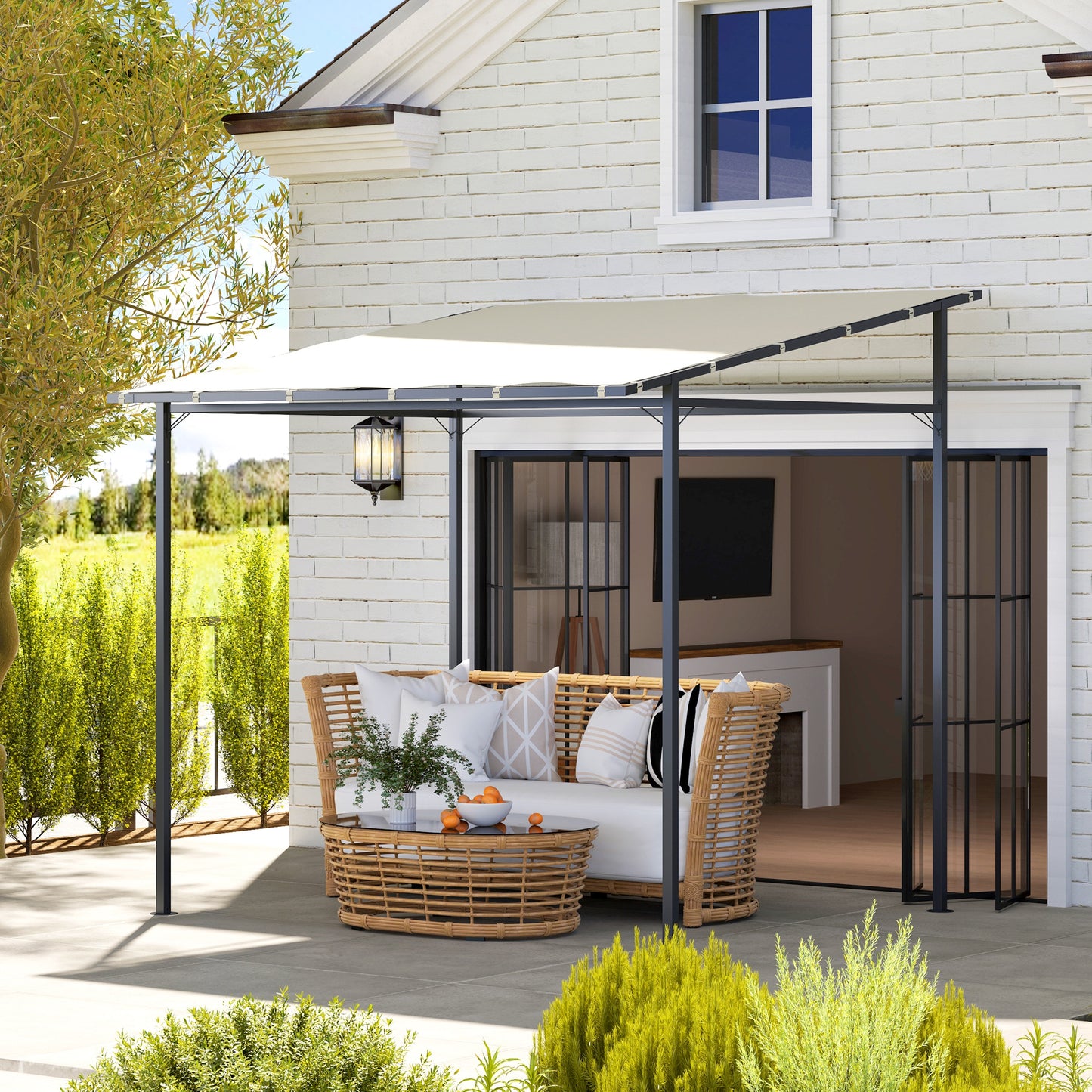 Outsunny 2,4 x 2,4 m Pergola ścienna z powłoką PA i metalową ramą, UPF30+, altana ogrodowa, wiatroodporna zewnętrzna osłona przeciwsłoneczna do ogrodu, tarasu, kremowo-biała