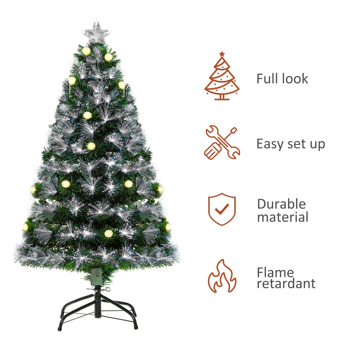 HOMCOM 4ft Biała choinka ze światłem sztucznym i 130 diodami LED, gwiazda na czubku, trójstopniowa, pełna, sezonowa dekoracja, wstępnie oświetlona, dom