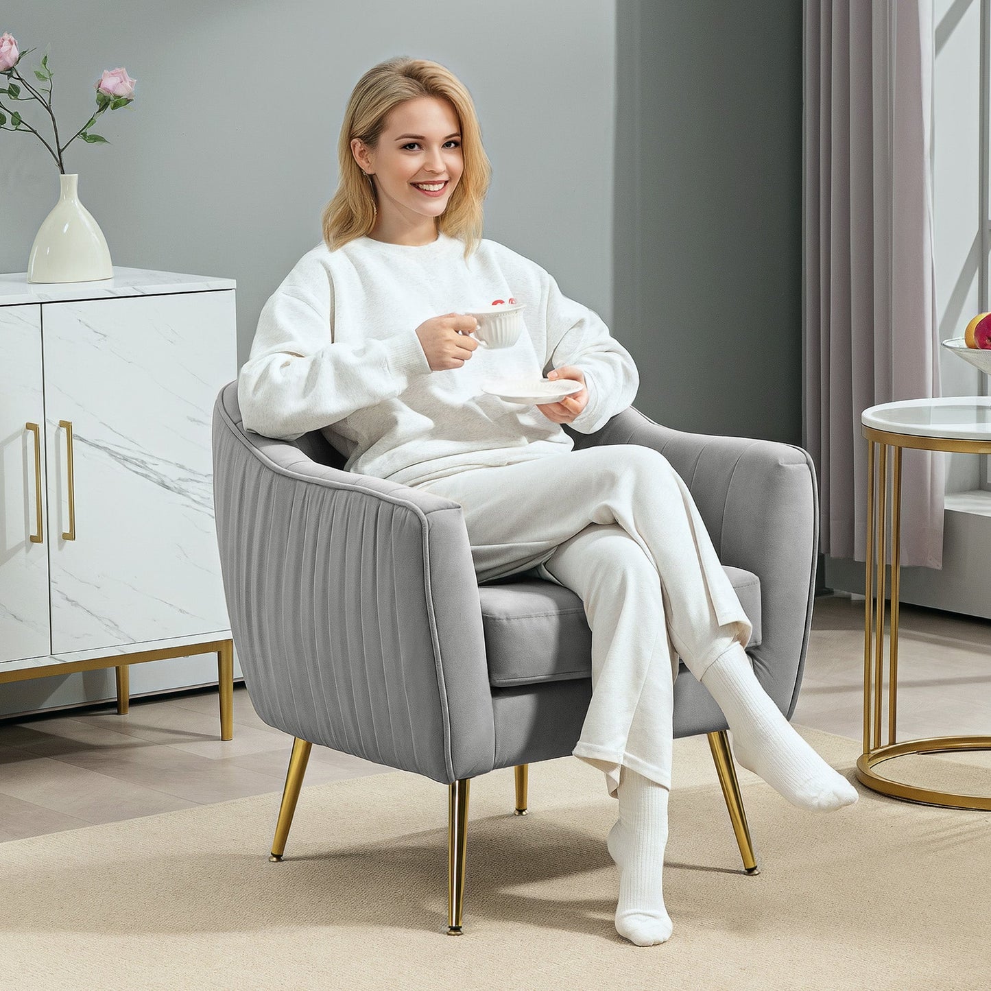 Fotel akcentowy HOMCOM Velvet-Feel Shell Back - szary