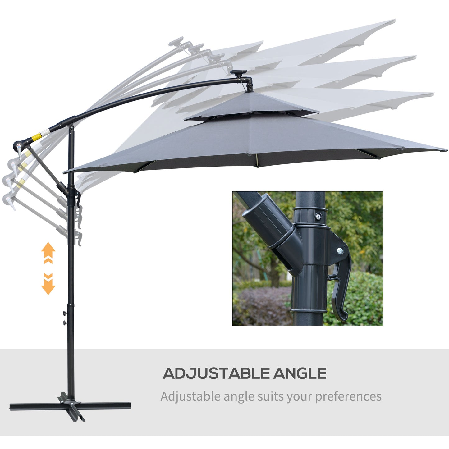 Outsunny 3m LED Light Overhanging Parasol - Szary