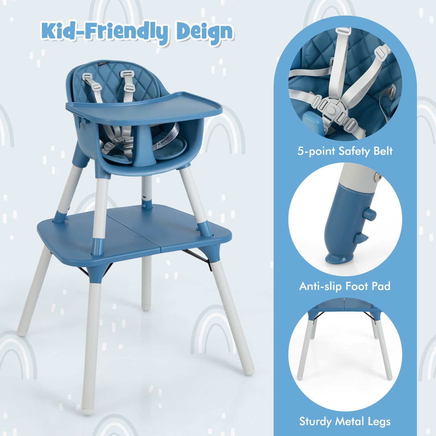 convertible Baby High Chair with 2-Position Removable Tray-Blue
