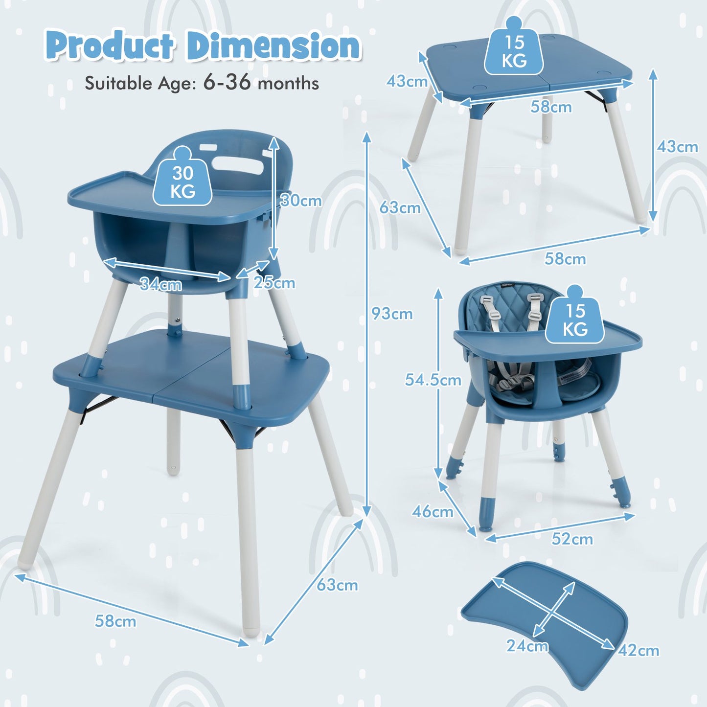 convertible Baby High Chair with 2-Position Removable Tray-Blue