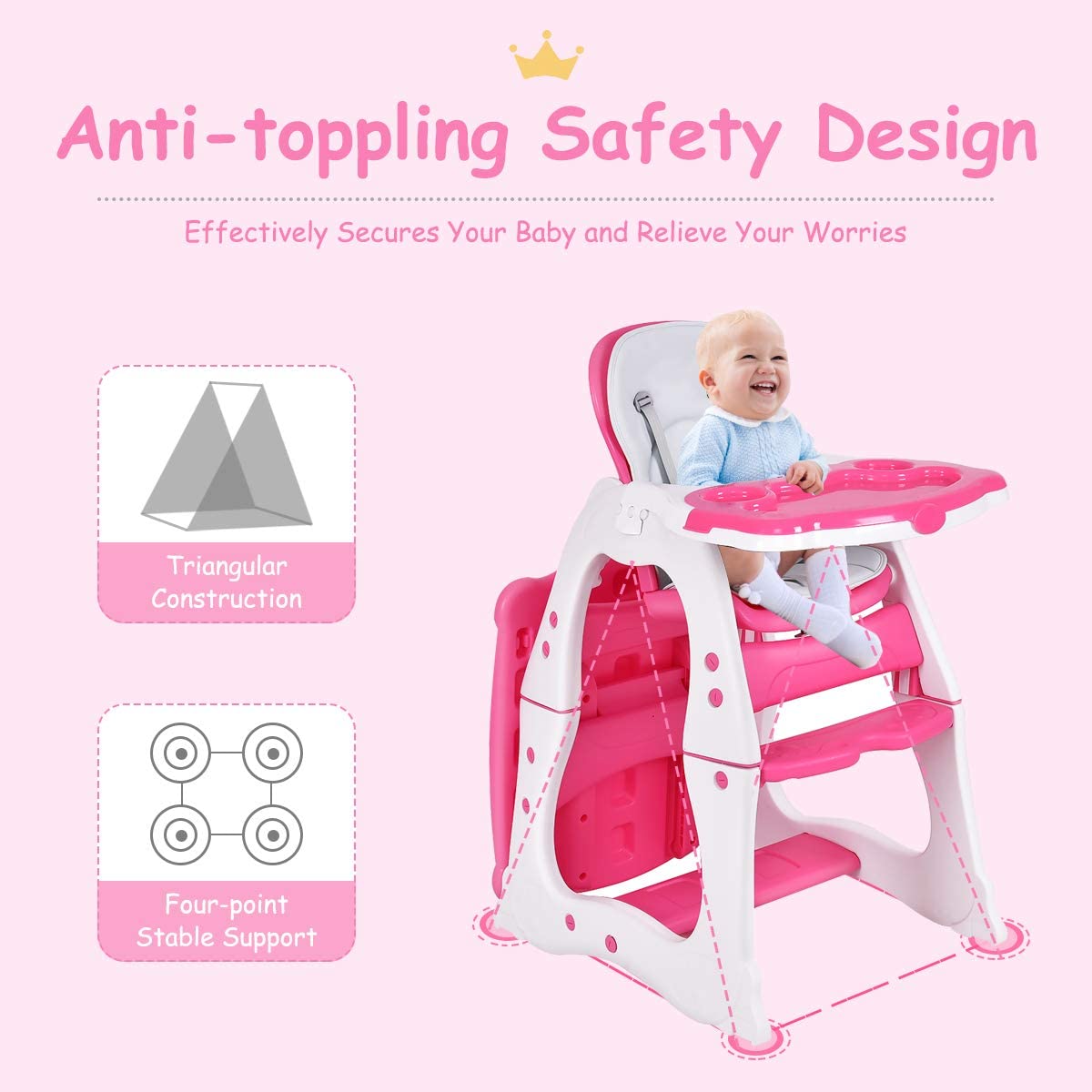 Convertible Baby High Chair with 5 Point Harness and Adjustable Feeding Tray-Red