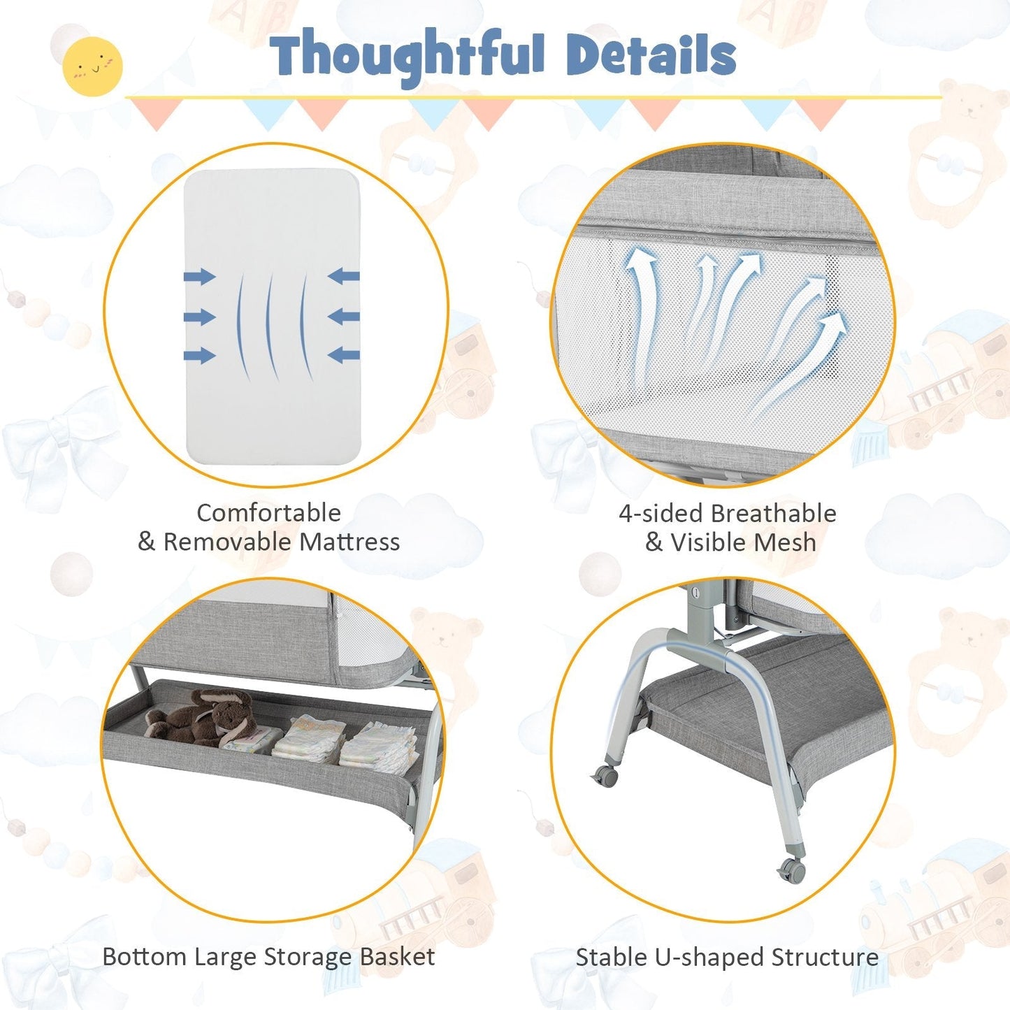 Baby Bassinet with Net with 6 Adjustable Heights-Grey