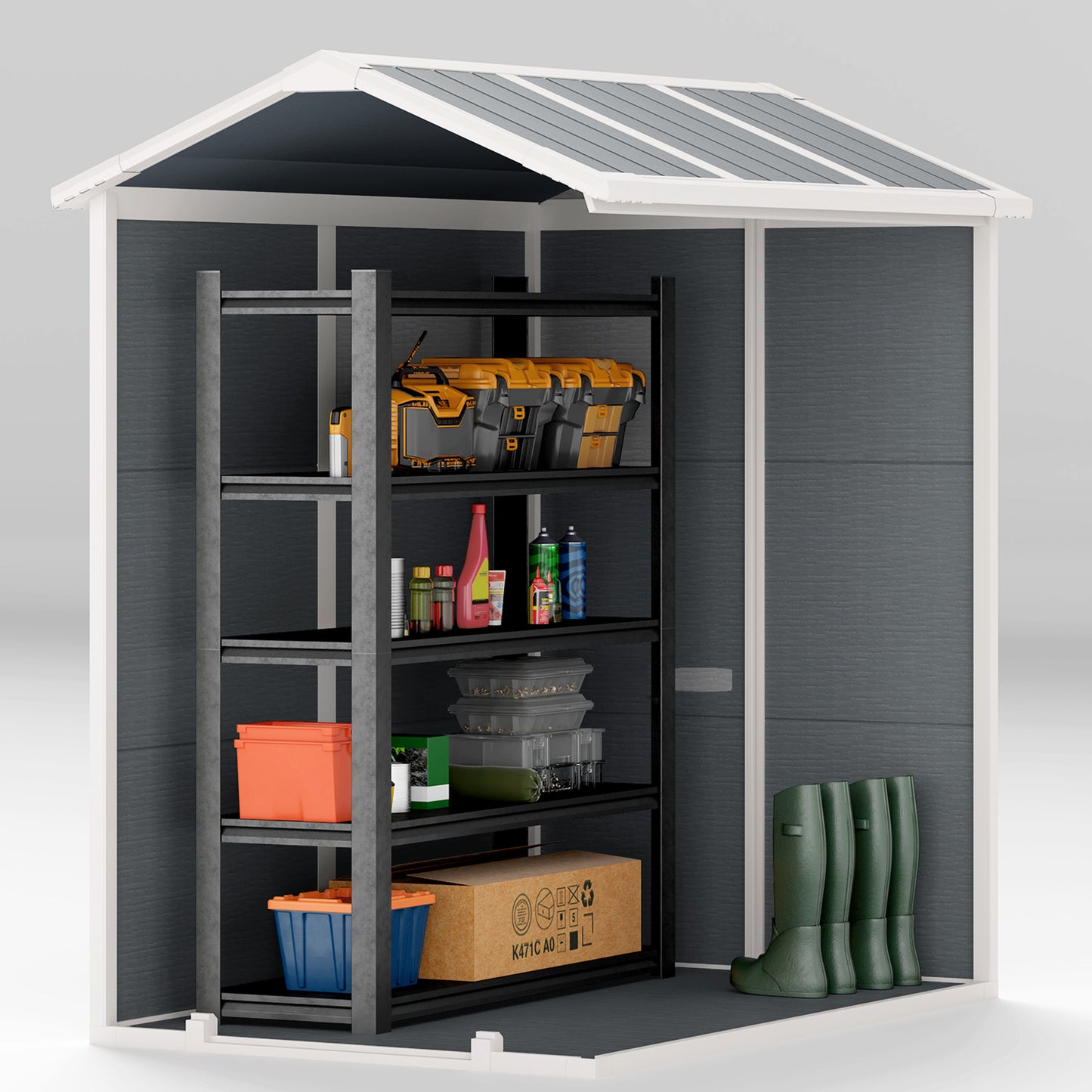 Outsunny 4 x 6ft Garden Shed, plastikowa szopa z podłogą, oknem, zamykanymi drzwiami i otworami wentylacyjnymi, żywiczna szopa na narzędzia do przechowywania na patio, zerowa konserwacja, szara