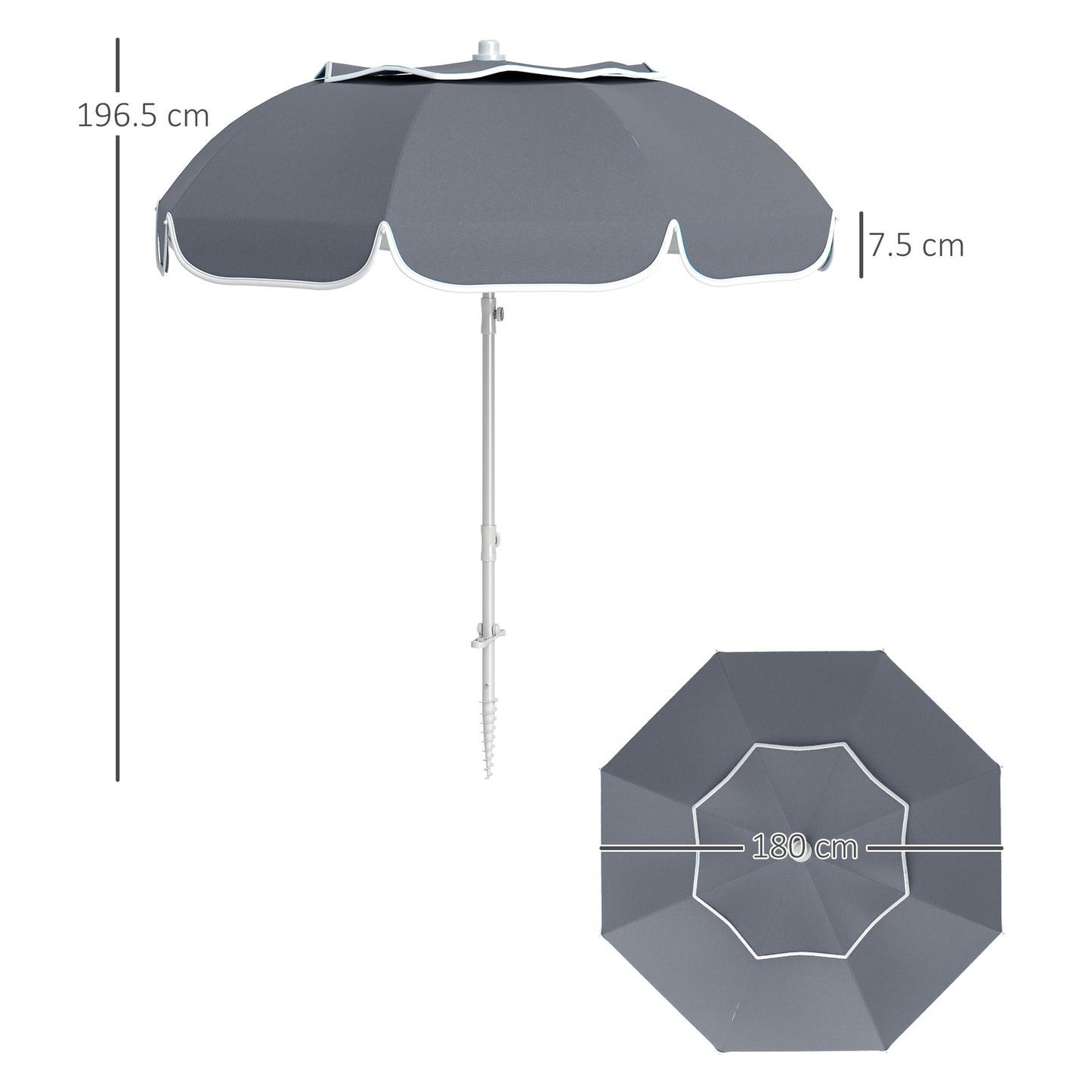 Outsunny Parasol plażowy przenośny z kotwicą piaskową, torbą transportową, regulowaną wysokością i nachyleniem, ochroną UV UPF50+, szary