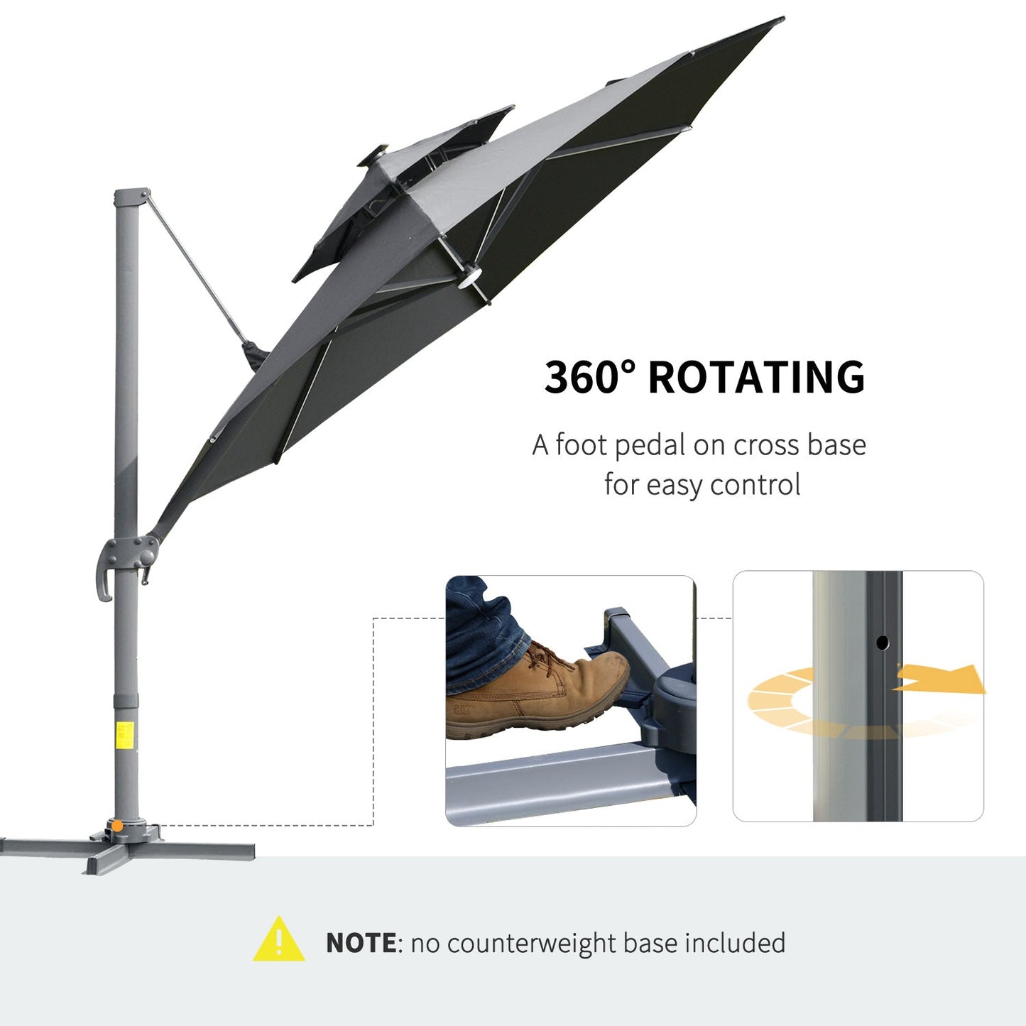 Outsunny 3m Cantilever Parasol w/ Solar Lights Power Bank Base 360¡ Spin Dark Grey