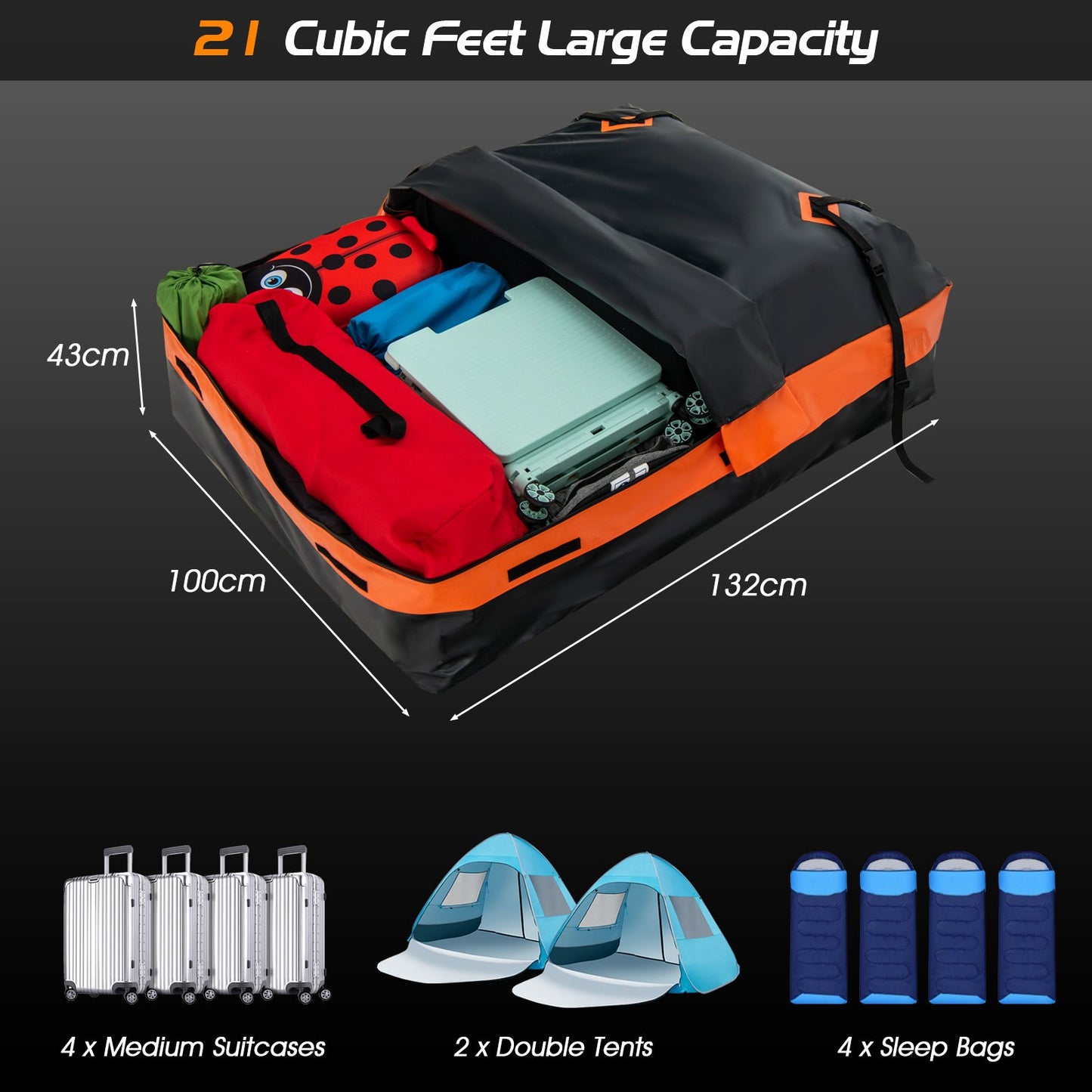 560L Rooftop Cargo Carrier Waterproof Car Roof Bag for All Vehicles-Orange
