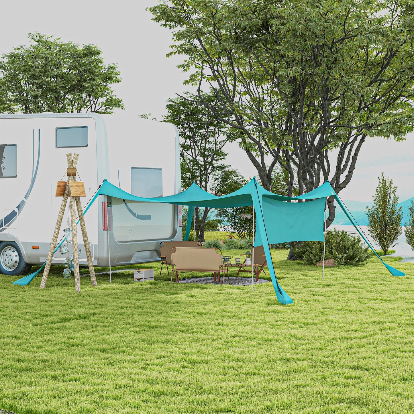 Outsunny Beach Tent Event Shelter z odpinaną ścianą boczną i torbą transportową, na kemping, wycieczki, wędkowanie, pikniki, kolor błękitny