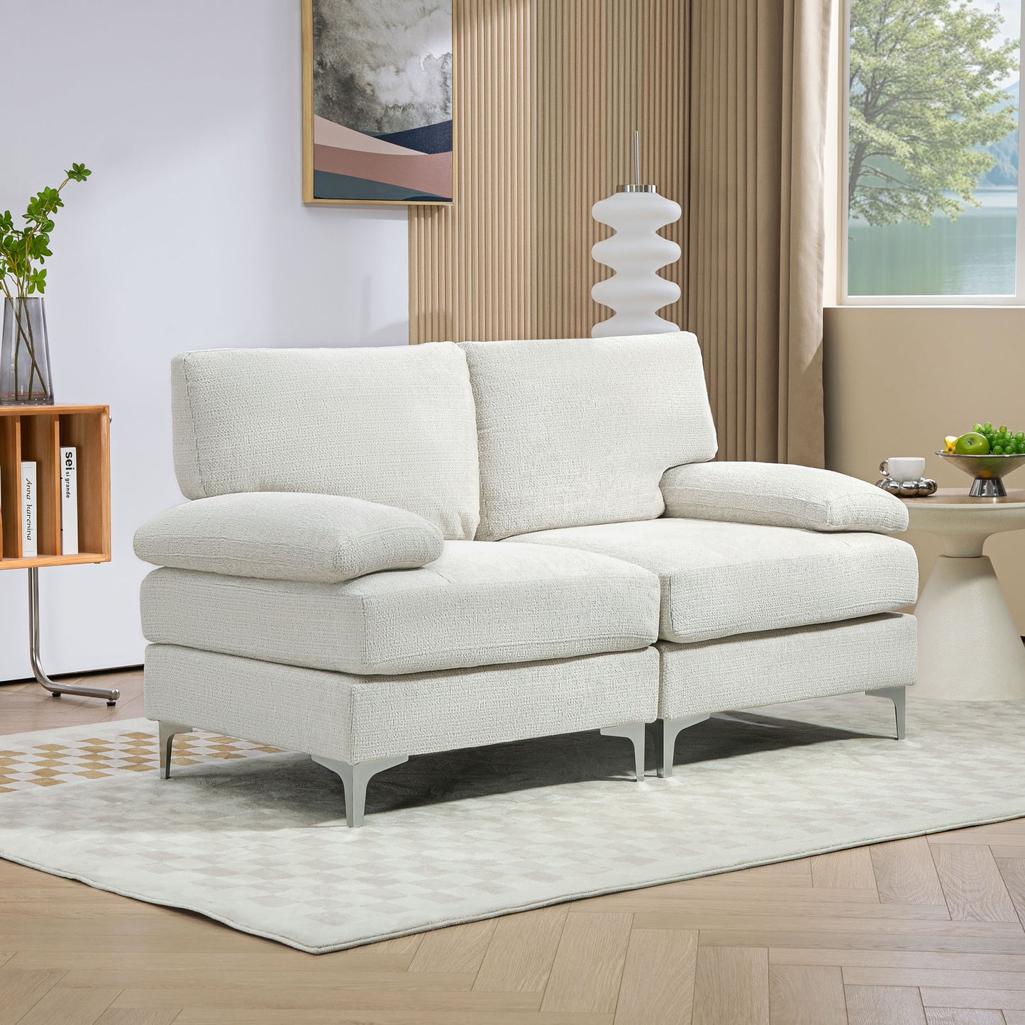 Sofa dwuosobowa HOMCOM, nowoczesna dwuosobowa sofa z materiału z poduszką sprężynową i metalowymi nogami, mała kanapa do salonu, sypialni, domowego biura, recepcji, kremowa biel