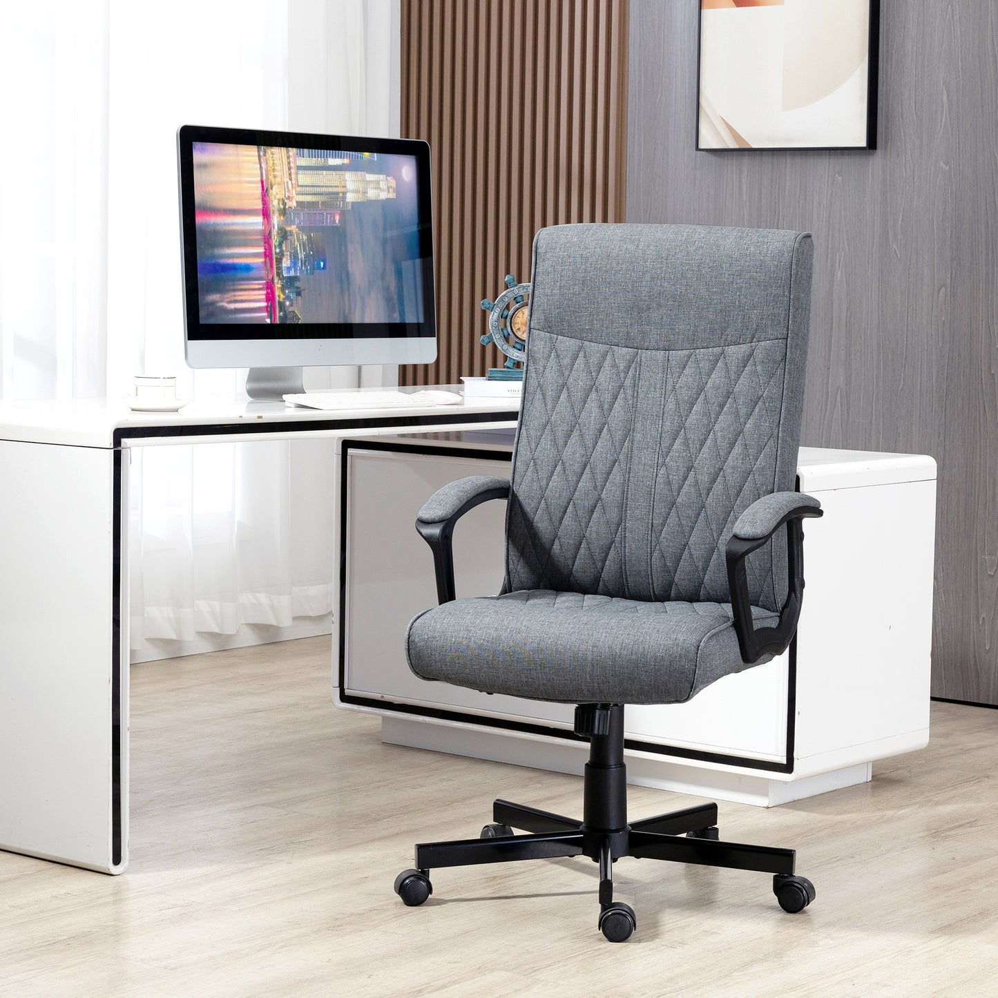 Vinsetto High Back Home Office Chair, krzesło komputerowe z tkaniny lnianej, obrotowe krzesło biurowe z regulowaną wysokością do salonu, sypialni, gabinetu, ciemnoszary