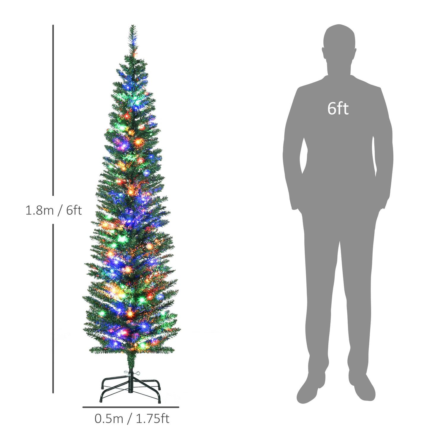 HOMCOM 6' Artificial Prelit Christmas Trees Holiday DŽcor with Colourful LED Lights, Pencil Shape, Steel Base