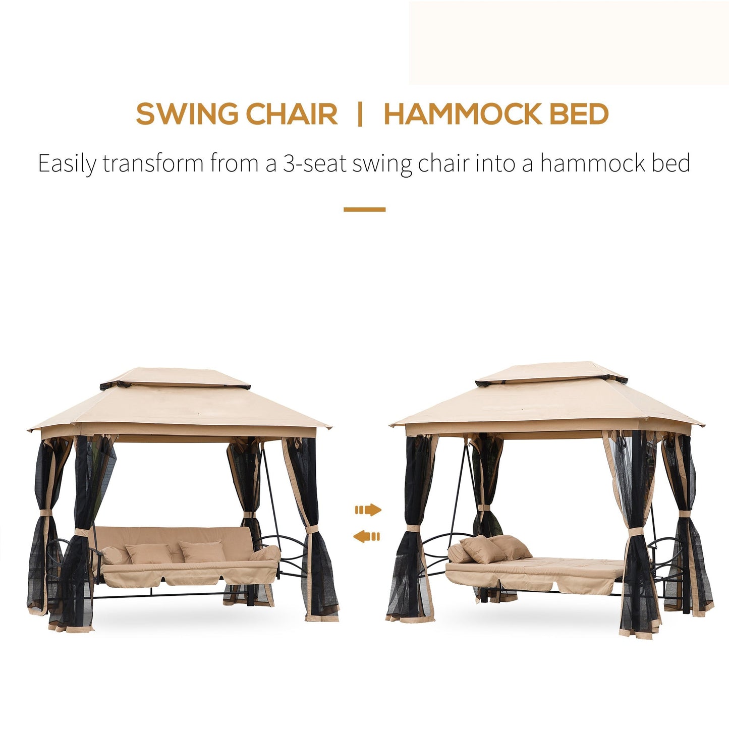 Outsunny 3 Seater Swing Chair 3-in-1 Convertible Garden Swing Seat Bed Gazebo Patio Bench Outdoor with Double Tier Canopy, Cushioned Seat, Mesh Sidewalls, Beige