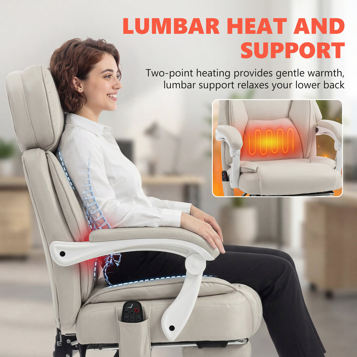 HOMCOM Office Chair with Massage, Heat, Adjustable Headrest, Leathaire Reclining Desk Chair with Footrest, Cream White