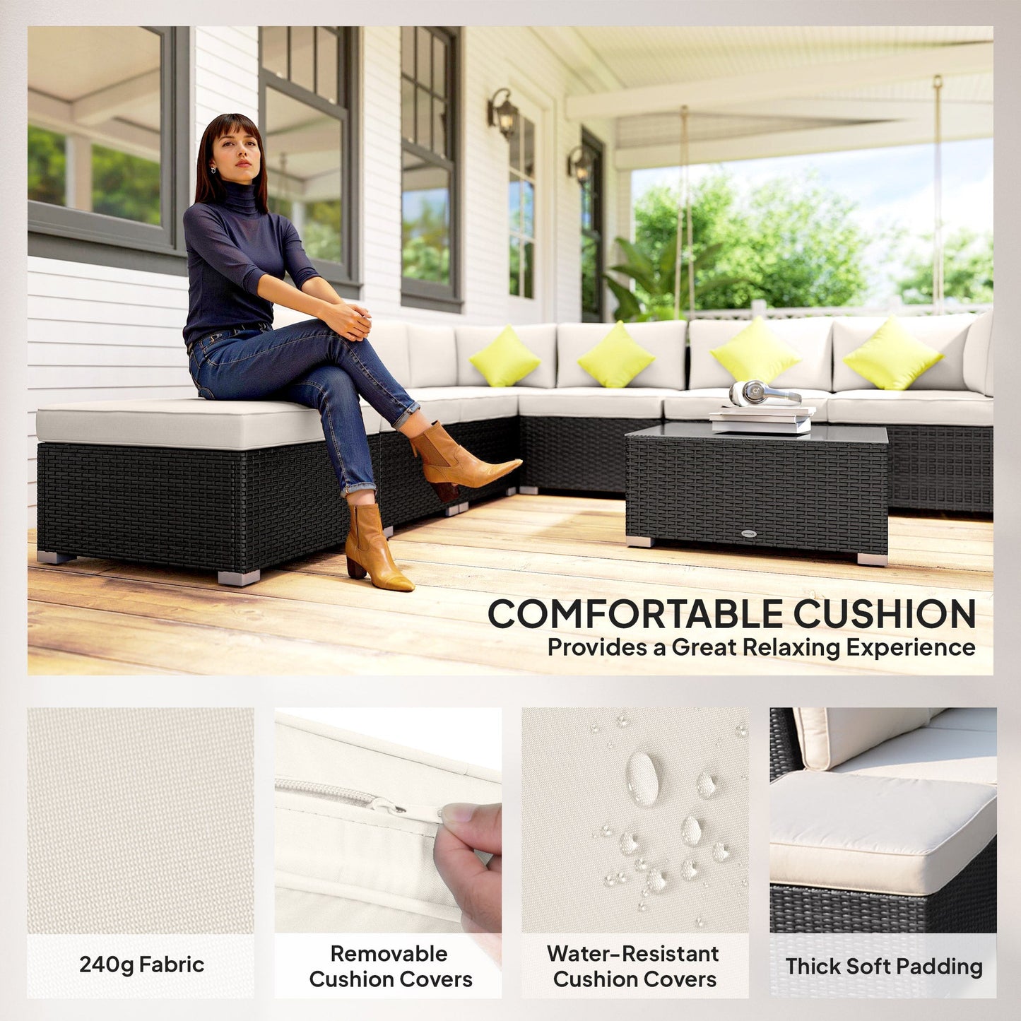 Outsunny 8 Piece Rattan Corner Sofa Set with Wide & Deep Seat, Assembled Aluminium PE Rattan Garden Furniture Set with Thick Cushions and Glass Top Table for Outdoor, Conservatory, Black