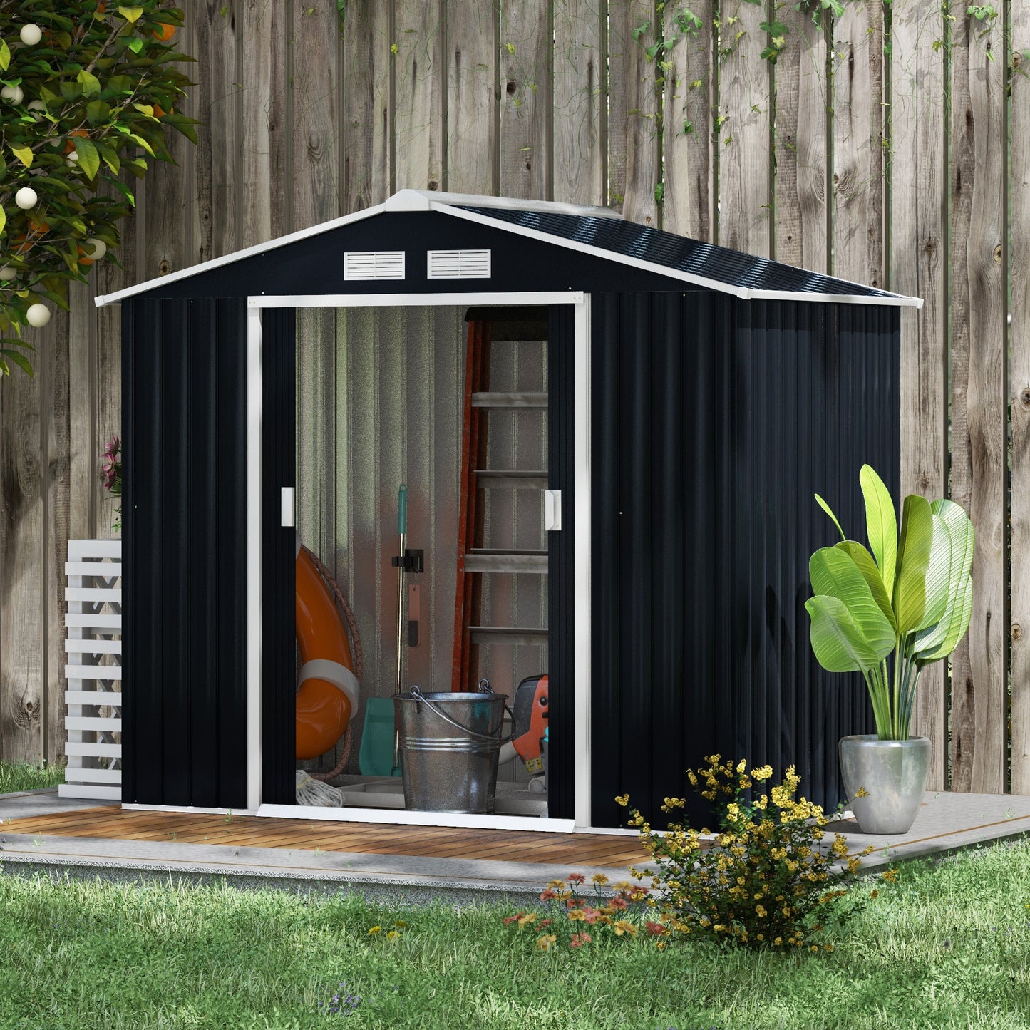 Outsunny 7 x 4ft Weatherproof Shed, zewnętrzna szopa na rowery z otworami wentylacyjnymi, zestawem fundamentowym i zamykanymi podwójnymi drzwiami, ciemnoszary