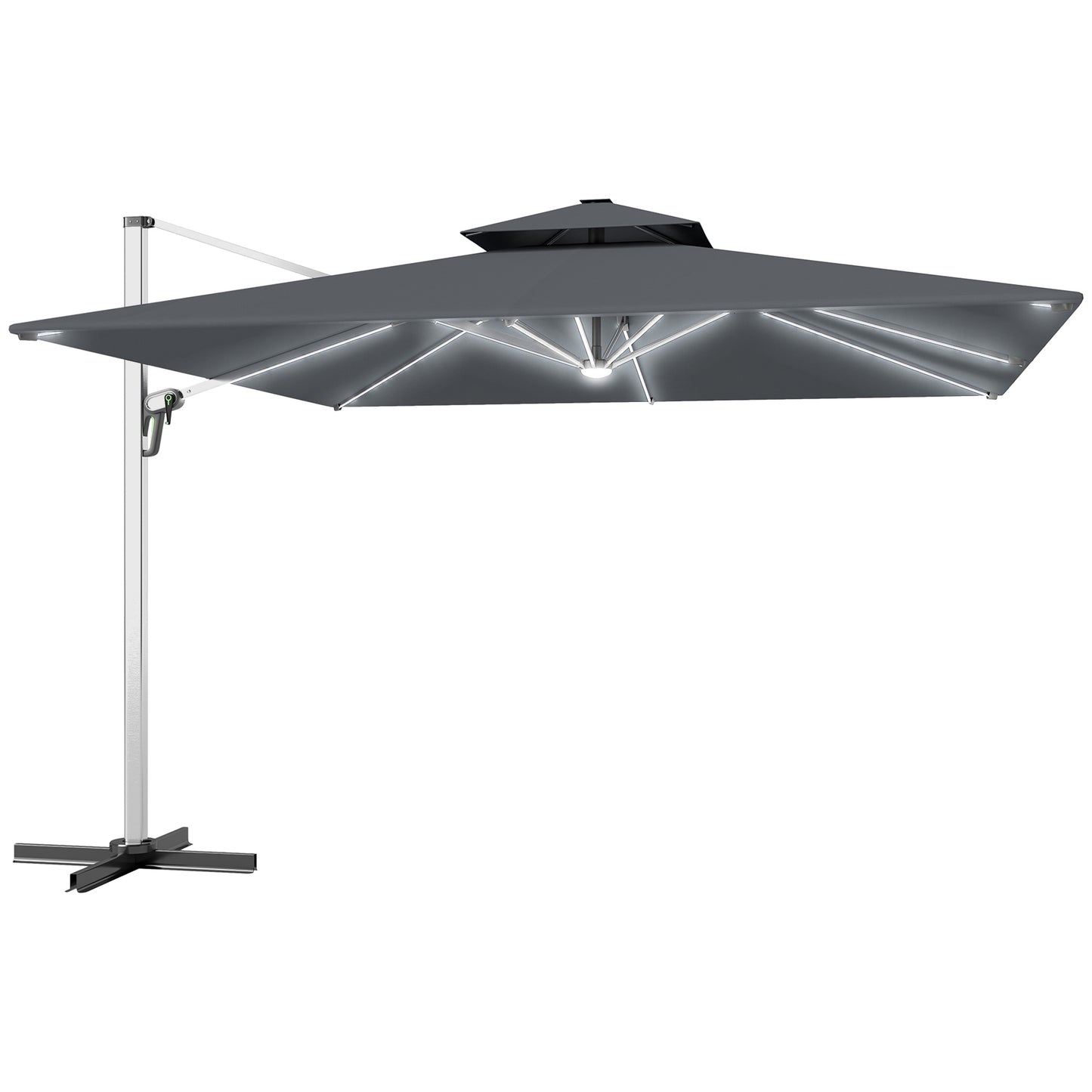Outsunny 3(m) Parasol ogrodowy z wysięgnikiem i lampami LED zasilanymi energią słoneczną, podstawa krzyżowa, obrót 360√Ǭ∞, korba i pochylenie, szary