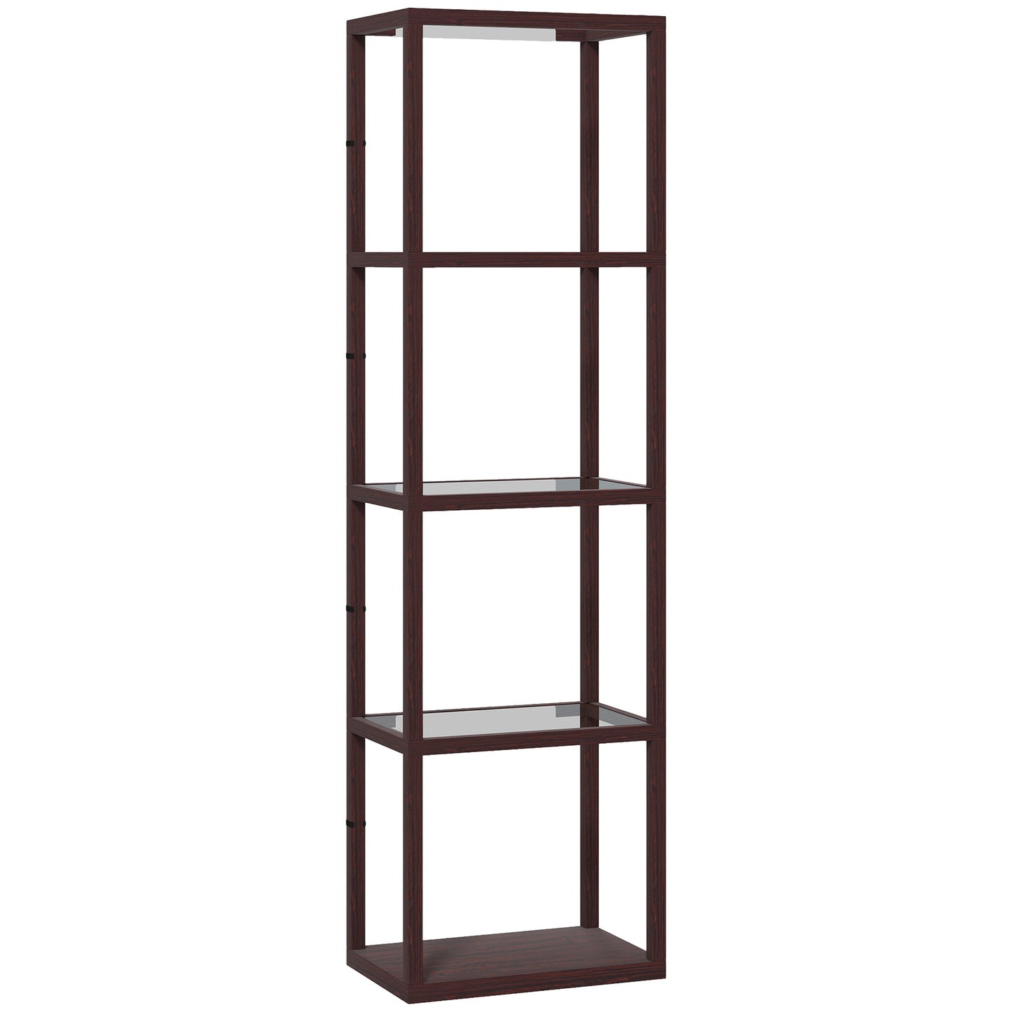 HOMCOM LED Floor Lamp with Glass Shelves, 4 Layers Dimmable Tall Standing Lamp, Modern Column Shelf Floor Light for Living Room, Bedroom, Office, Dark Brown