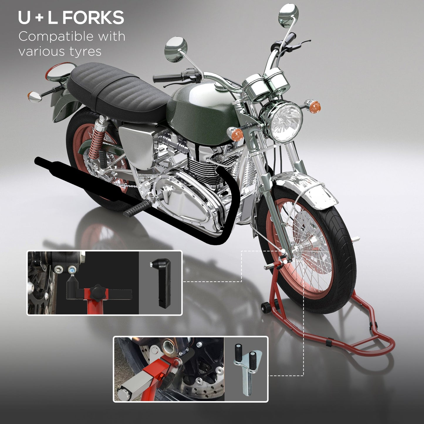 Stojak motocyklowy HOMCOM Front Motorcycle Paddock Stand z matą antypoślizgową, adaptery w kształcie litery U i L, nośność 200 kg, do opon 18", 17" i 10", czerwony