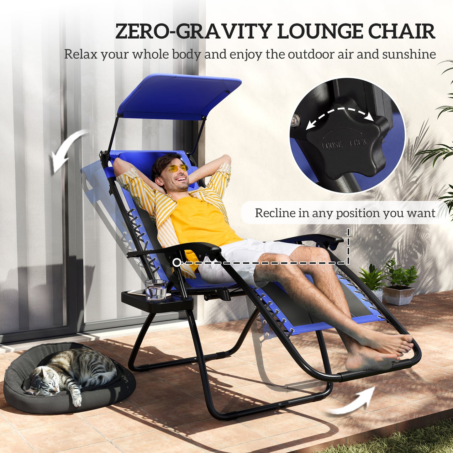 Zestaw 2 składanych leżaków Outsunny Zero Gravity, rozkładany leżak ogrodowy z osłoną przeciwsłoneczną, uchwytem na kubek, miękką poduszką i zagłówkiem, do użytku przy basenie, kempingowy, niebieski