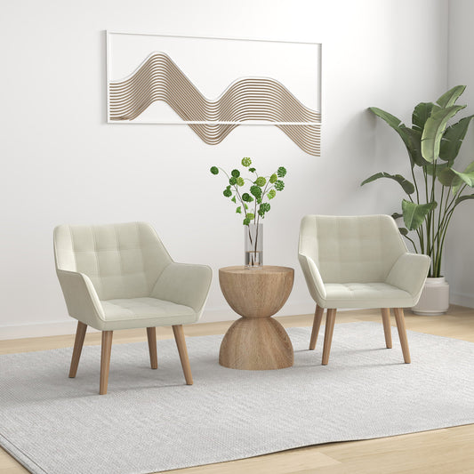 Set of 2 Accent Chair, Arm Chair with Slanted Back, Thick Padding and Rubber Wooden Legs for Living Room, Cream White