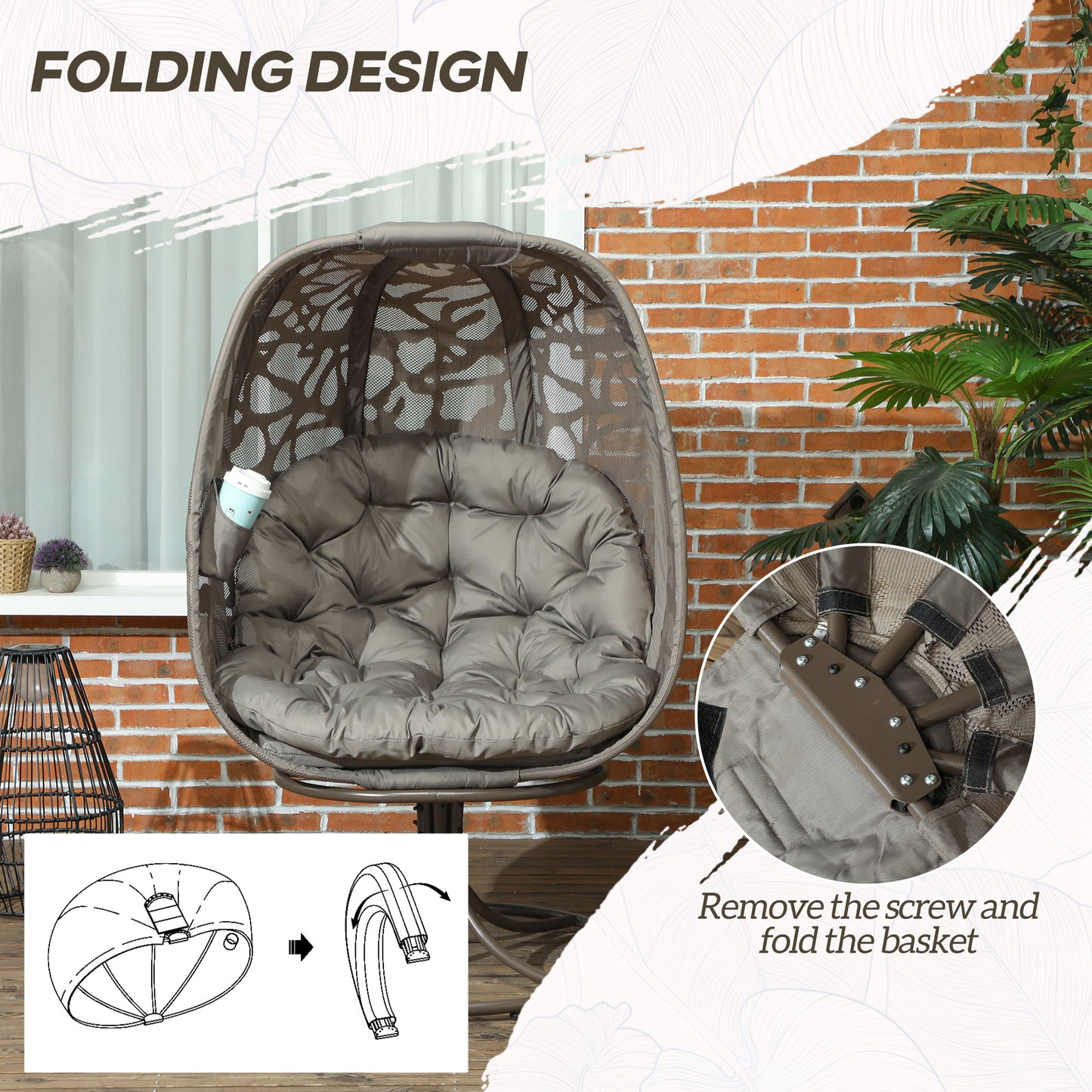 Outsunny Obrotowy fotel Egg z poduszkami, składane siedzisko koszowe i metalowa rama, fotel wypoczynkowy do wewnątrz i na zewnątrz na balkon, przy basenie, na patio i do salonu, piaskowobrązowy