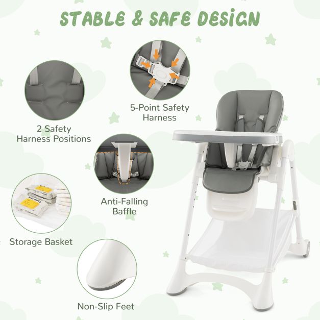 Baby High Chair with Detachable PU Cushion and Lockable Wheels-Grey