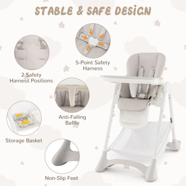 Baby High Chair with Detachable PU Cushion and Lockable Wheels-Beige