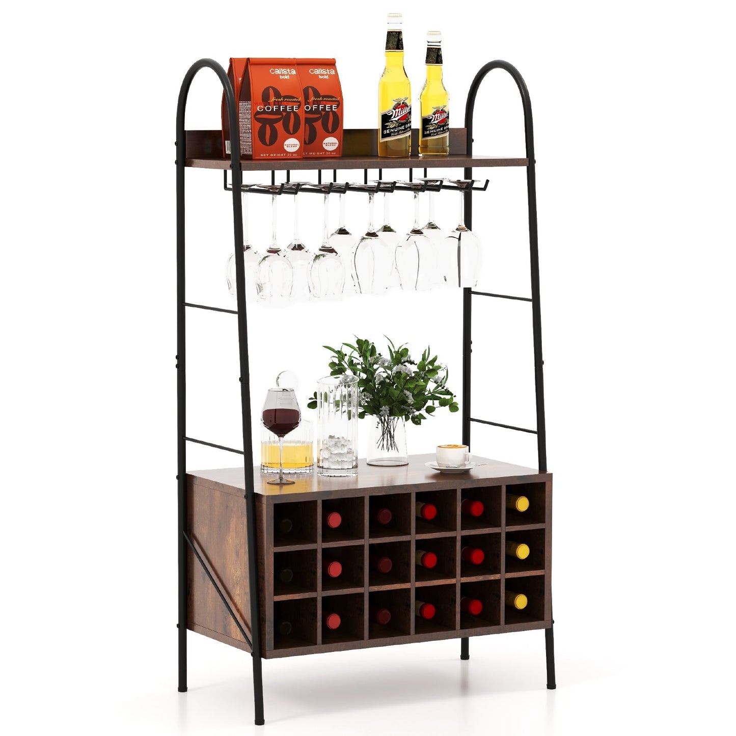 Baker’s Rack with Detachable Wine Rack and 5 Rows of Stemware Holder-Rustic Brown