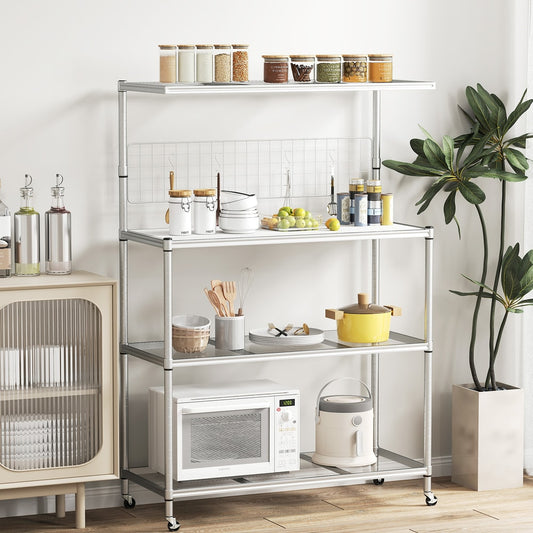 Bakers Rack on Wheels with Adjustable Shelves and Shelf Liner-Silver