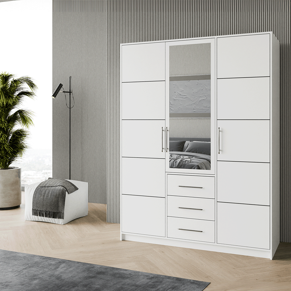 White Mirrored Hinged Door Wardrobe 149cm – HAMPTON D3